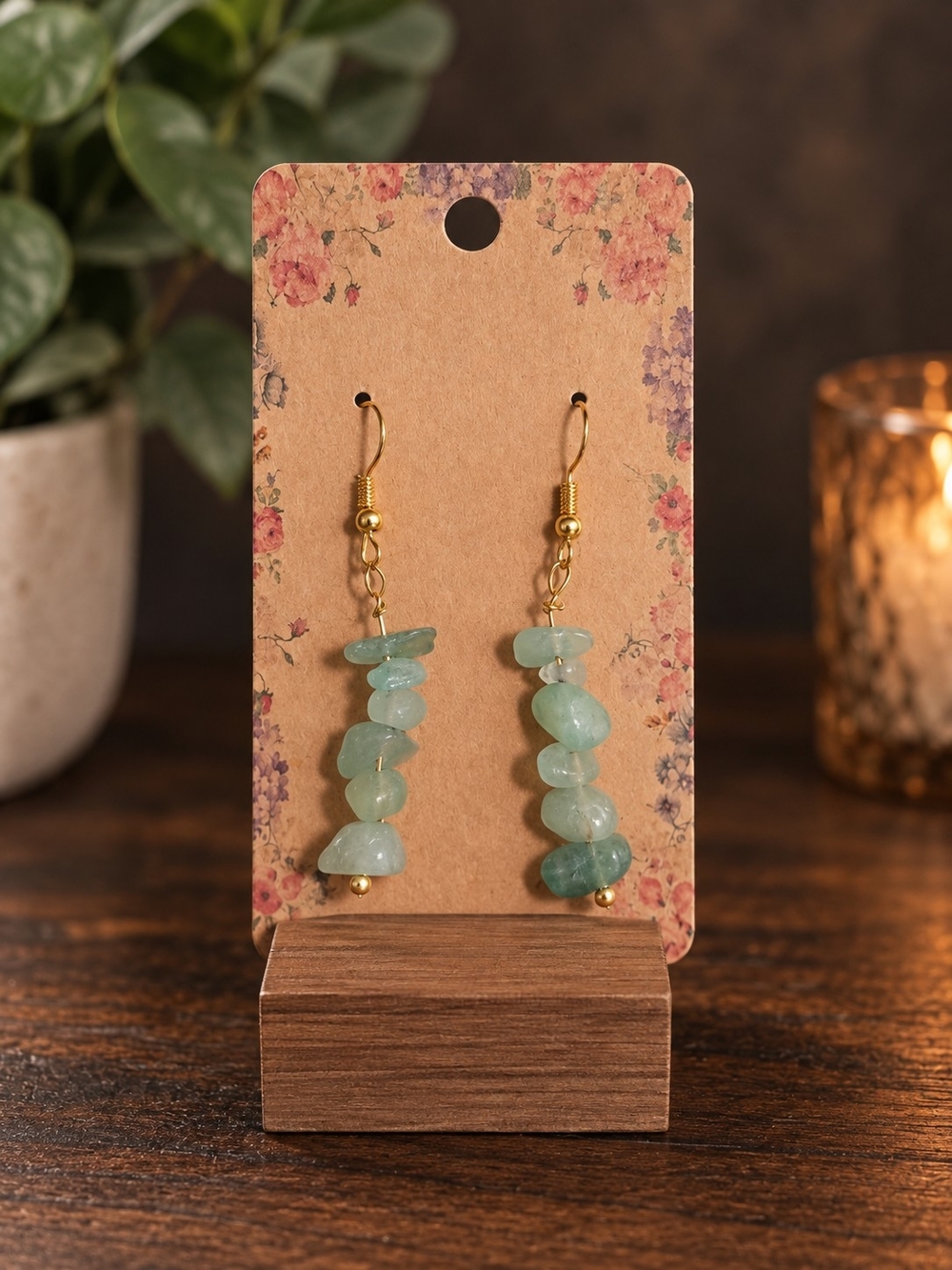 Green Natural Stone Chip Dangle Earrings Gold Tone Boho Handmade Style